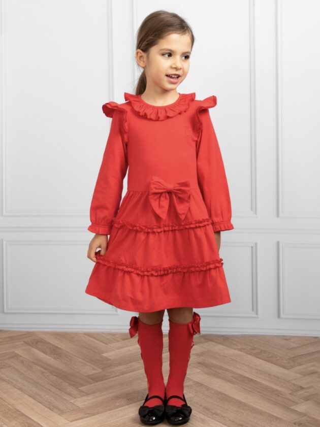 Caramelo Kids 342152 LONG SLEEVE TIERED FRILL DRESS Red