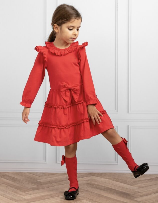 Caramelo Kids 342152 LONG SLEEVE TIERED FRILL DRESS Red - Image 2